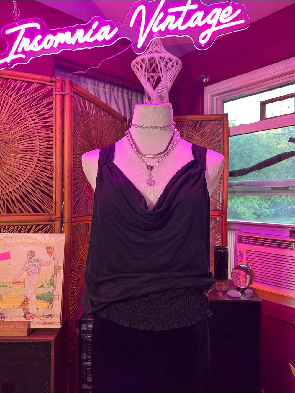 Self Esteem Y2K Black Draped Cowl Neck Tank Top with Sequin Butterfly